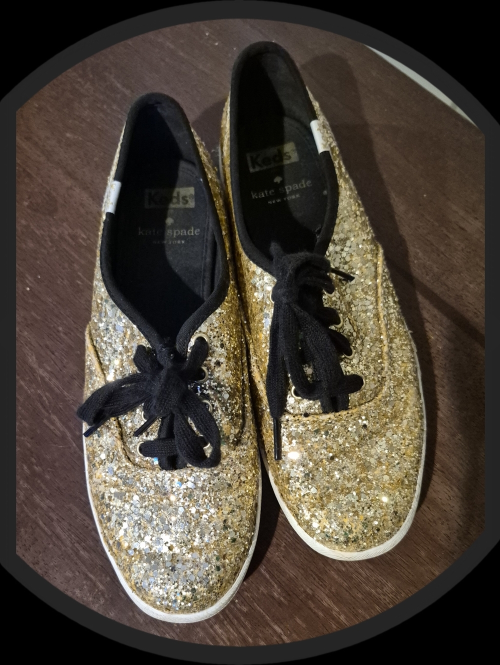 Keds X Kate Spade 'Champion Gold Glitter  Black Lace Up Canvas Monogram Sneakers